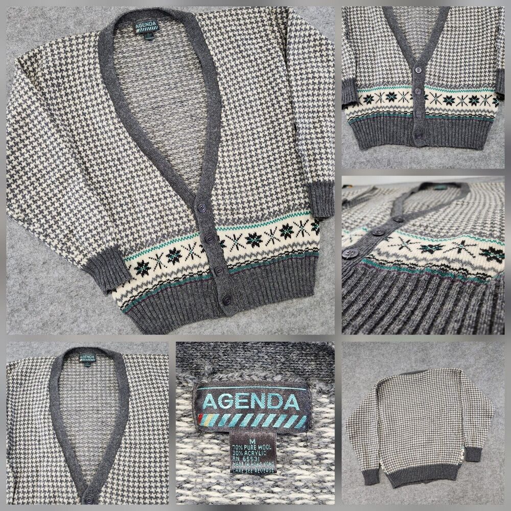 VTG Agenda Wool Blend Knit Mens M Medium Cardigan V Neck Varsity Nordic Sweater‎